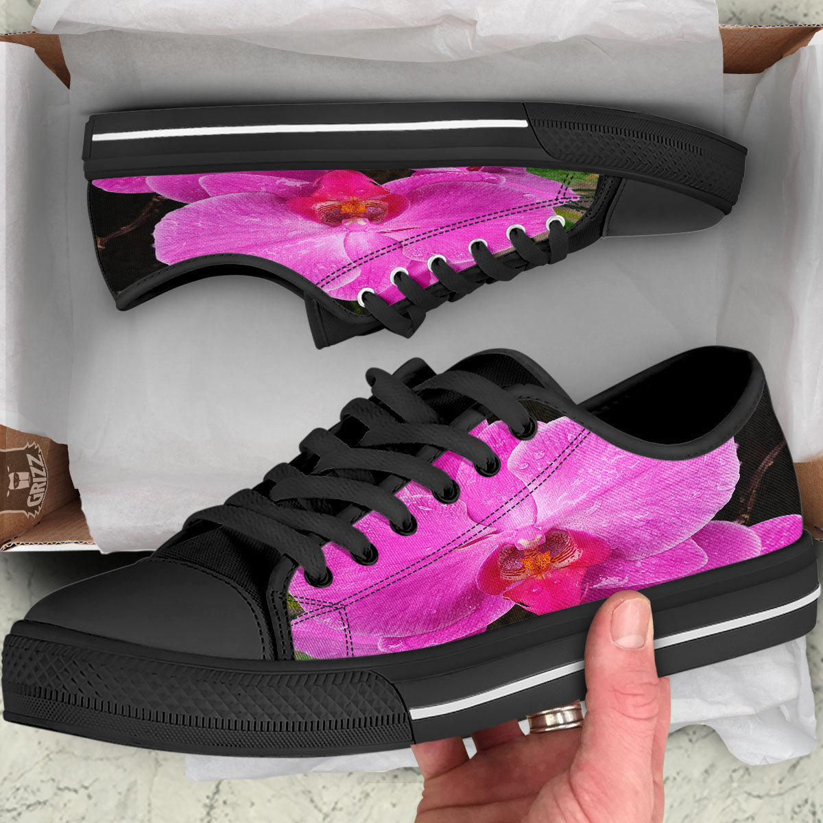 Orchid Flower Magenta Print Black Low Top Shoes-grizzshop