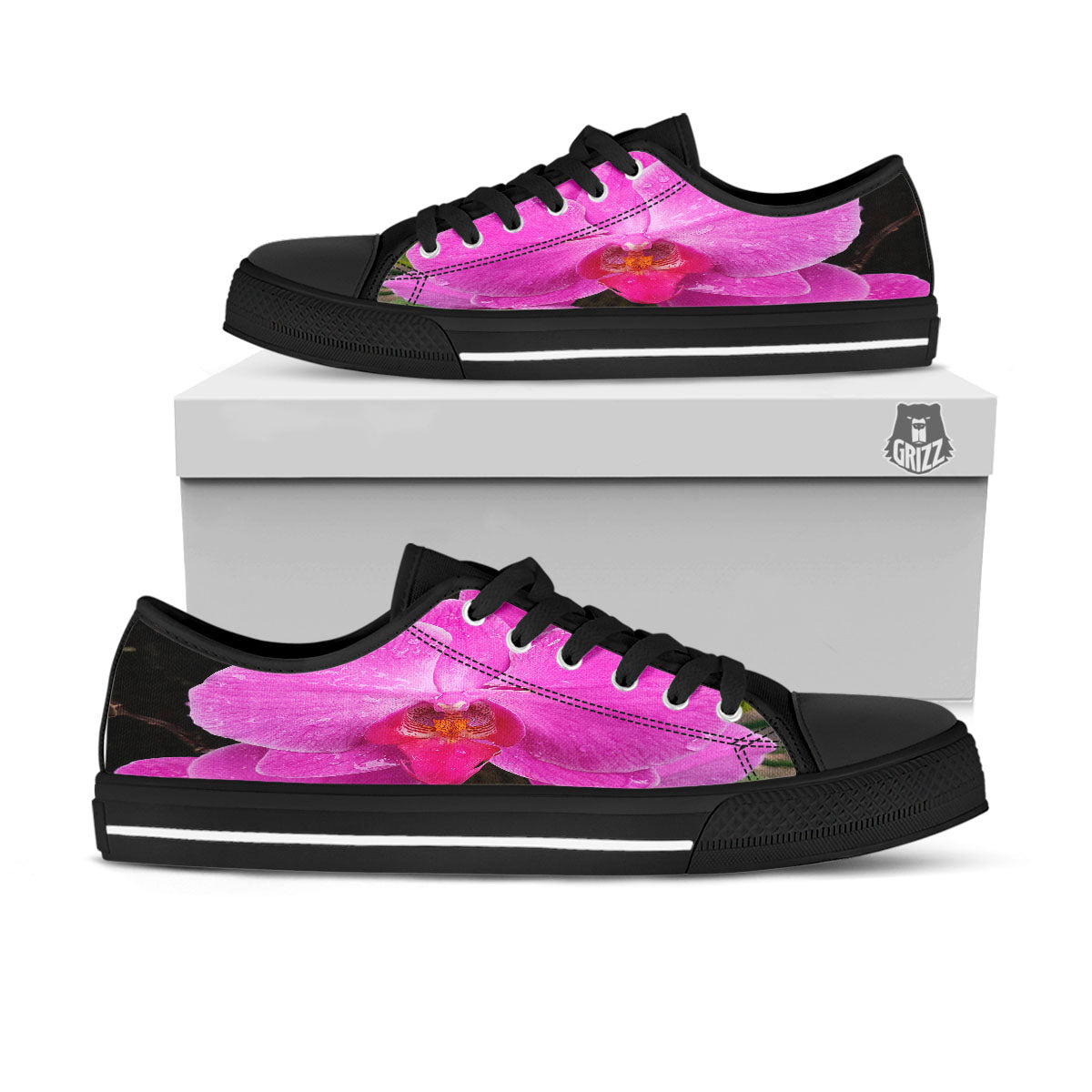 Orchid Flower Magenta Print Black Low Top Shoes-grizzshop