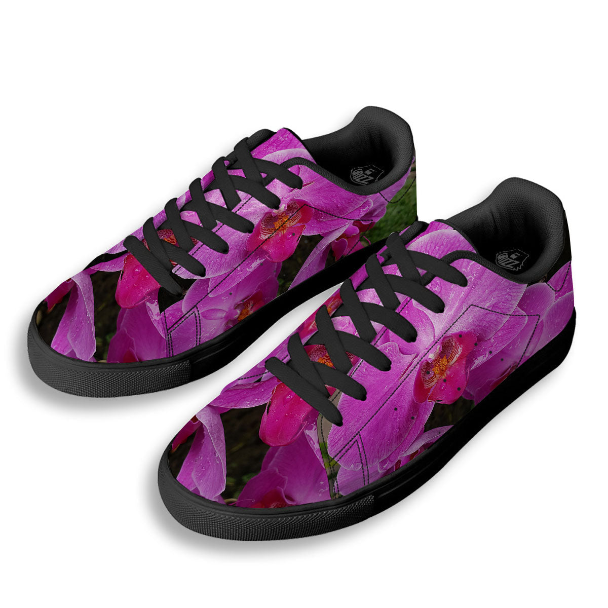 Orchid Flower Magenta Print Black Low Top Sneakers-grizzshop