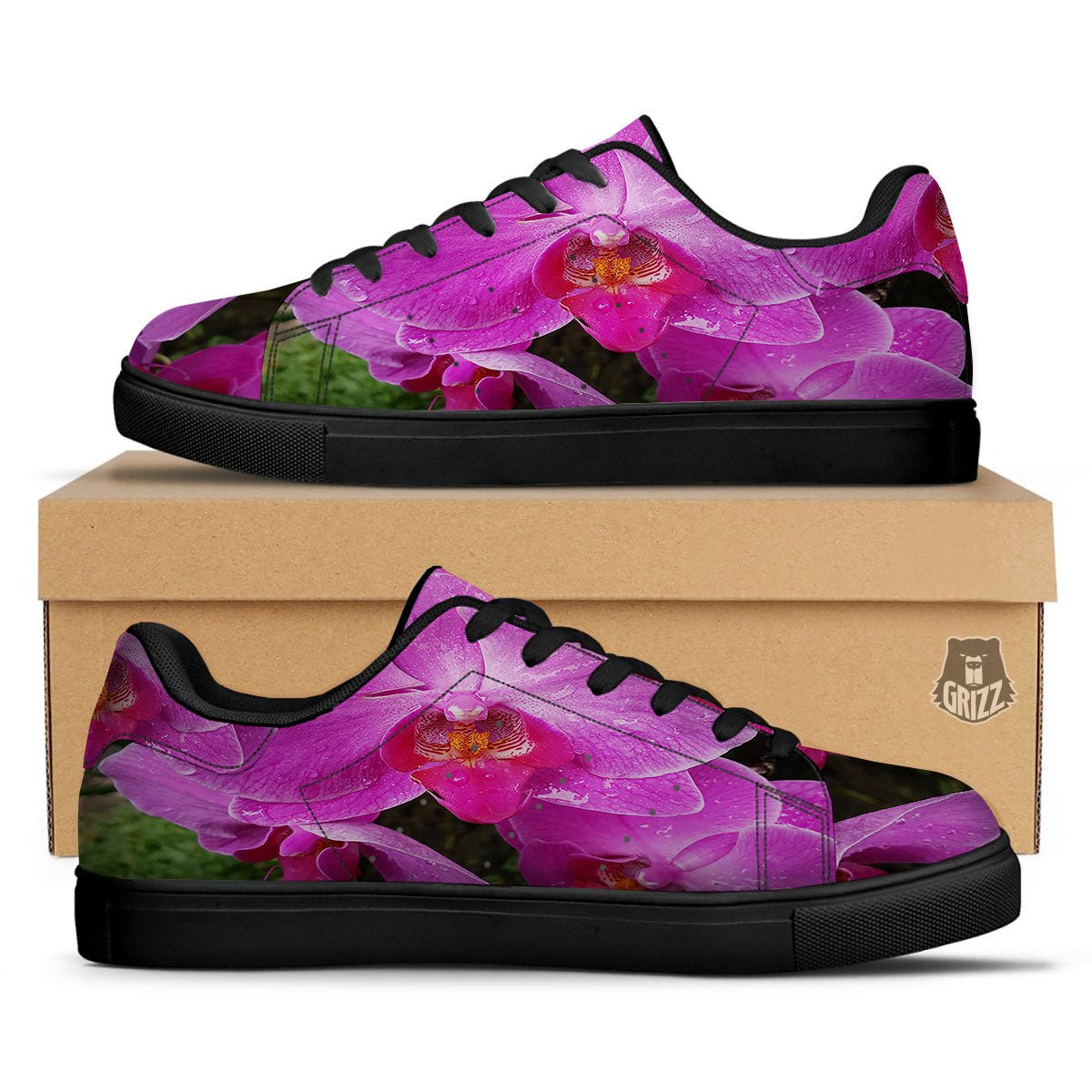 Orchid Flower Magenta Print Black Low Top Sneakers-grizzshop