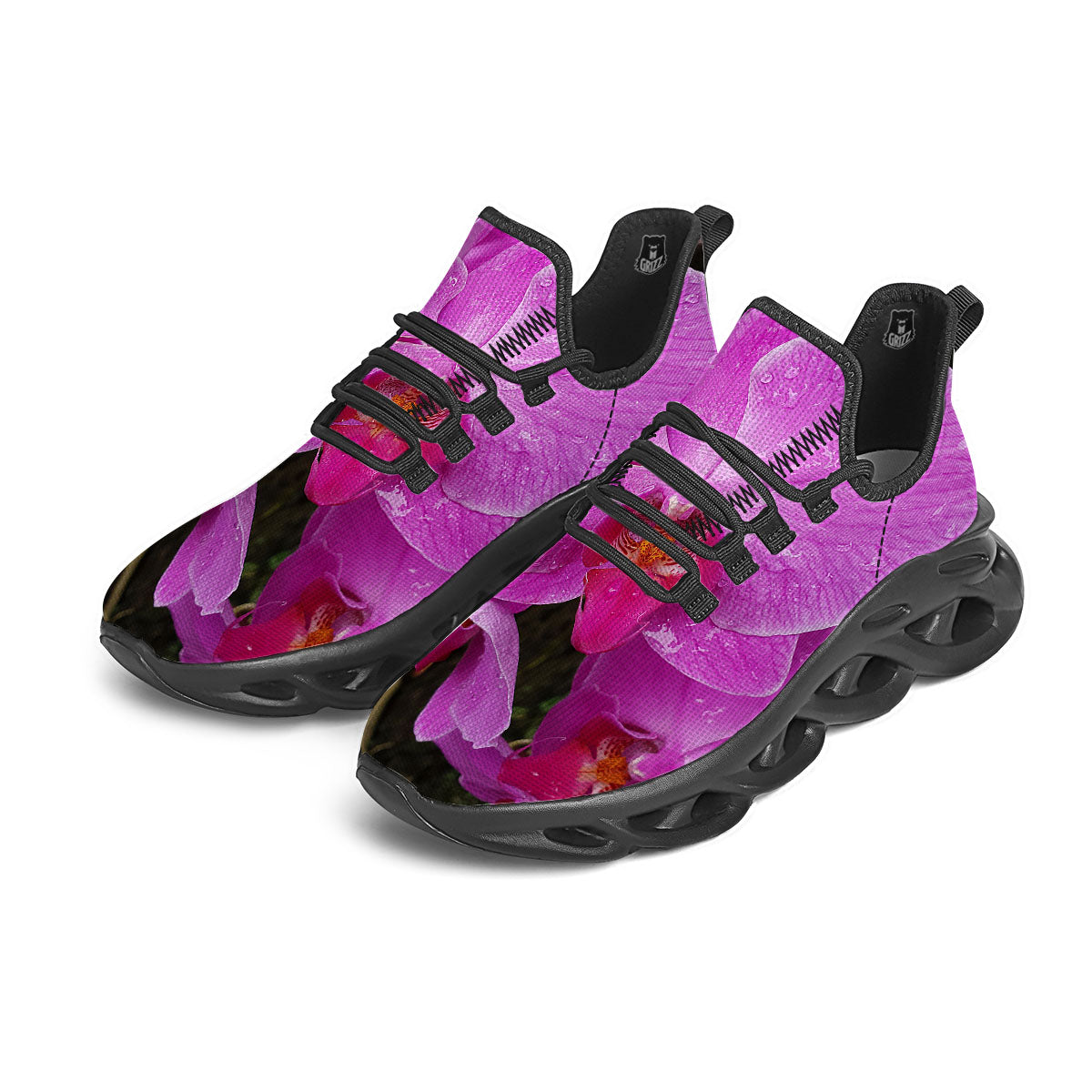 Orchid Flower Magenta Print Black Running Shoes-grizzshop