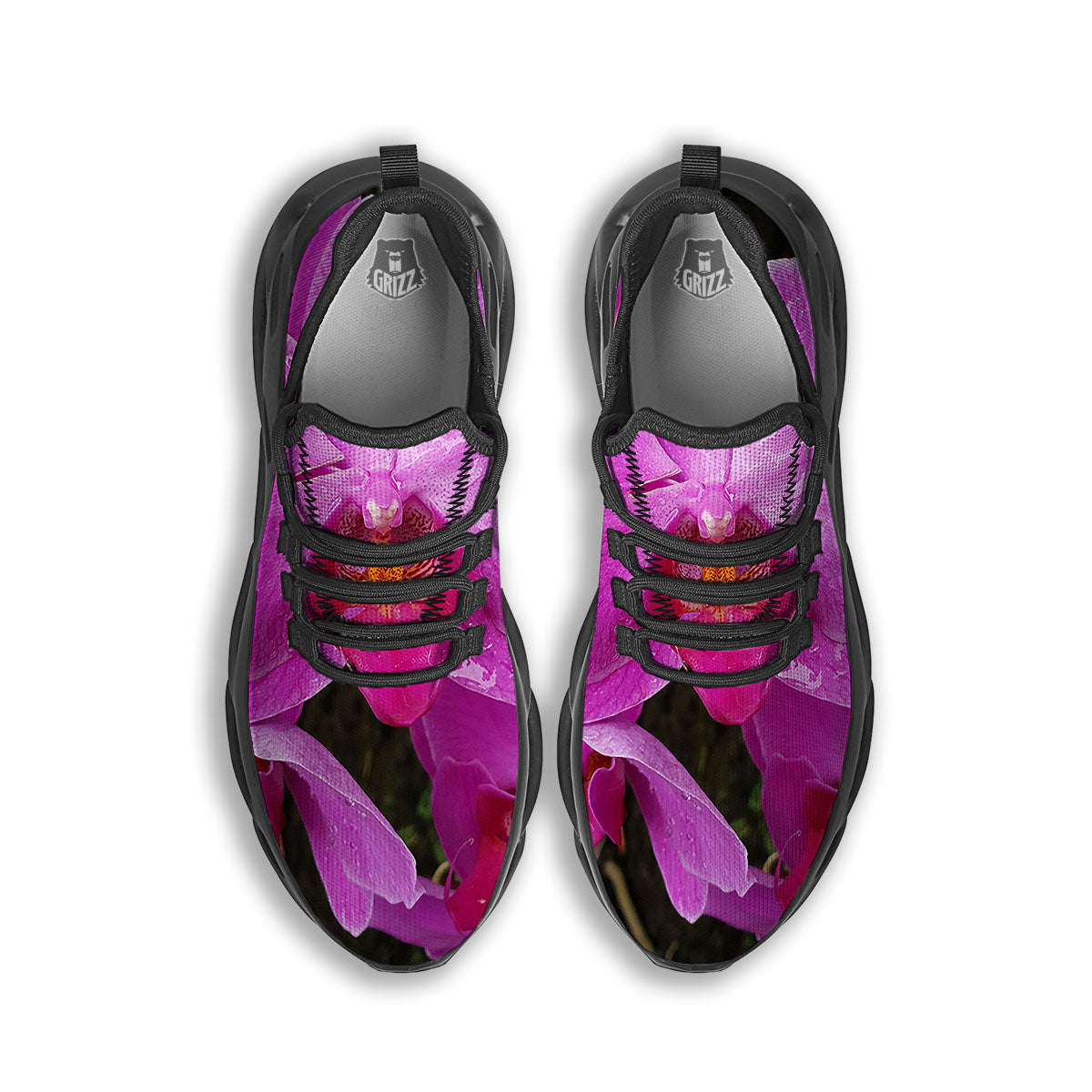 Orchid Flower Magenta Print Black Running Shoes-grizzshop