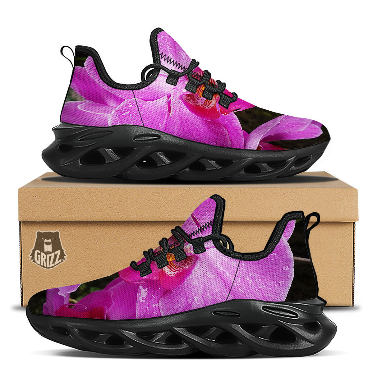 Orchid Flower Magenta Print Black Running Shoes-grizzshop