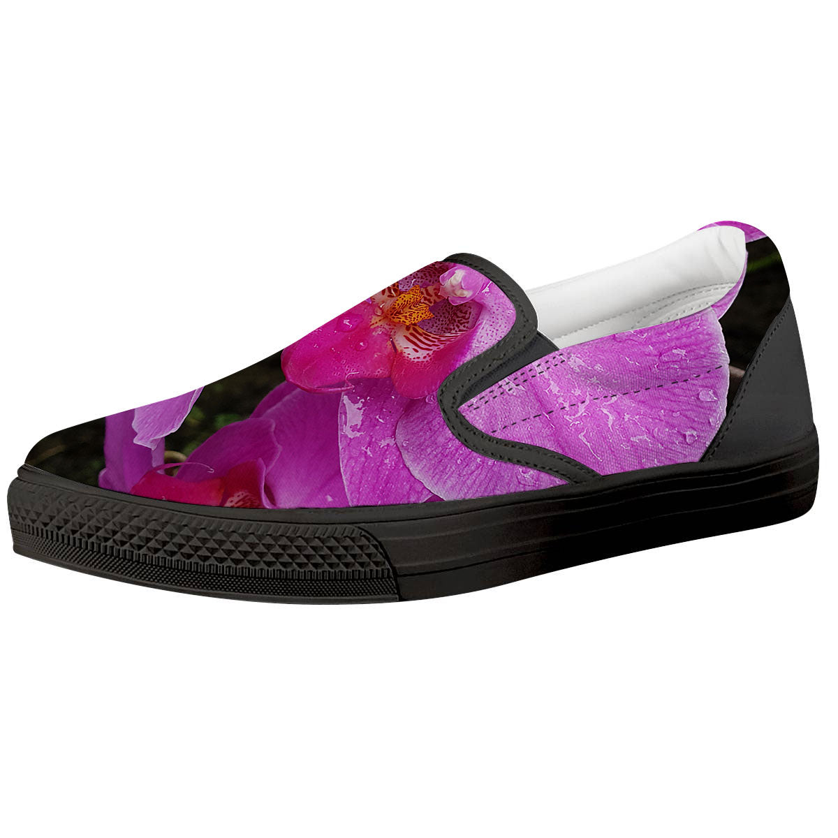 Orchid Flower Magenta Print Black Slip On Shoes-grizzshop