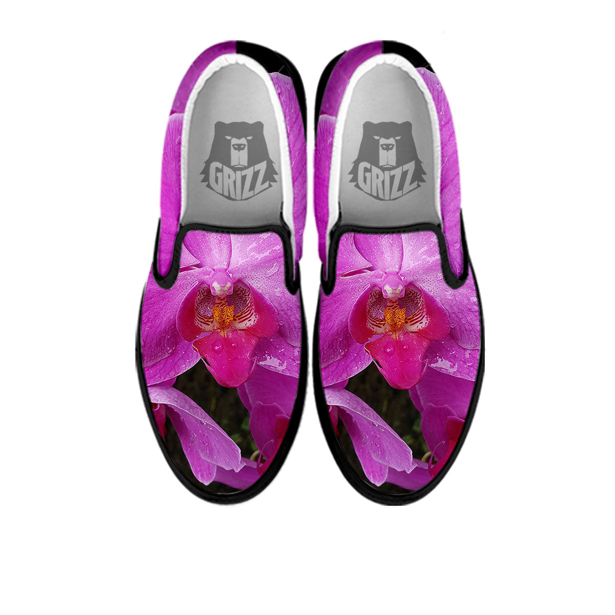 Orchid Flower Magenta Print Black Slip On Shoes-grizzshop