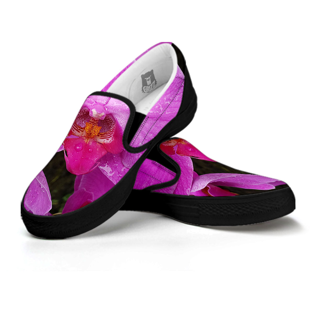 Orchid Flower Magenta Print Black Slip On Shoes-grizzshop
