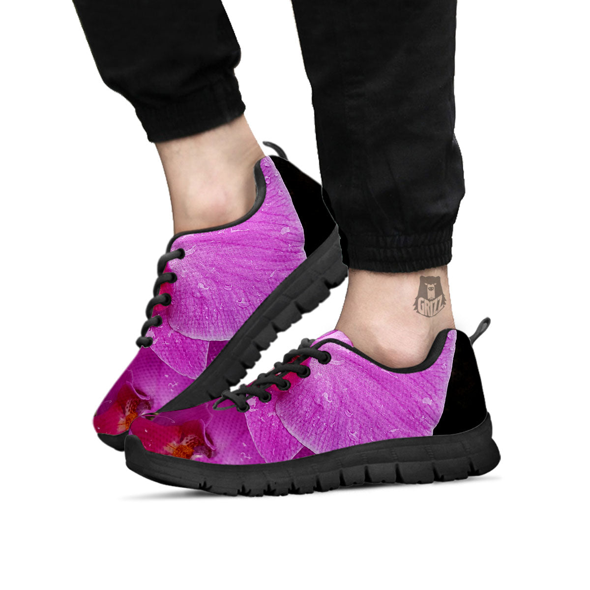 Orchid Flower Magenta Print Black Sneaker-grizzshop