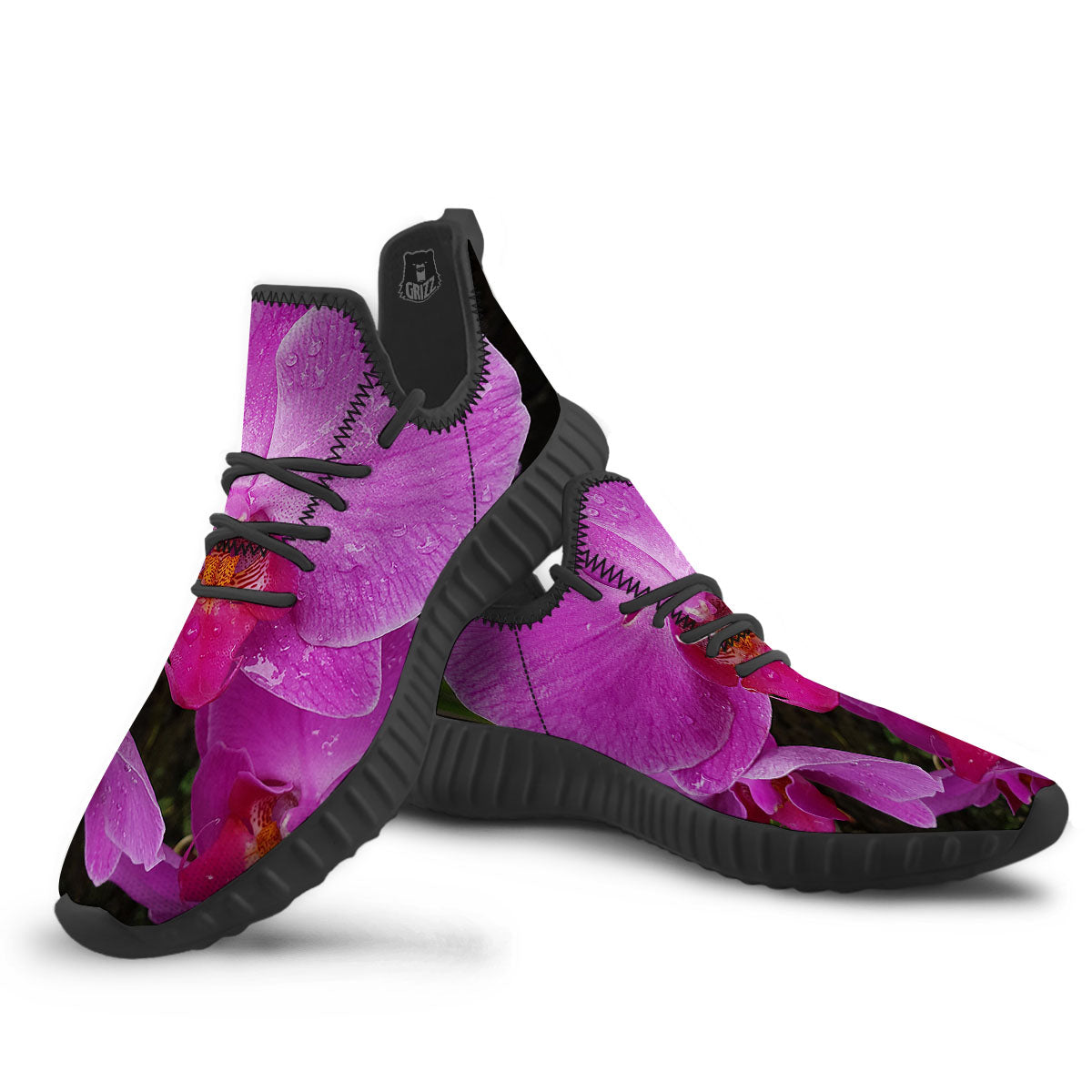 Orchid Flower Magenta Print Black Walking Shoes-grizzshop