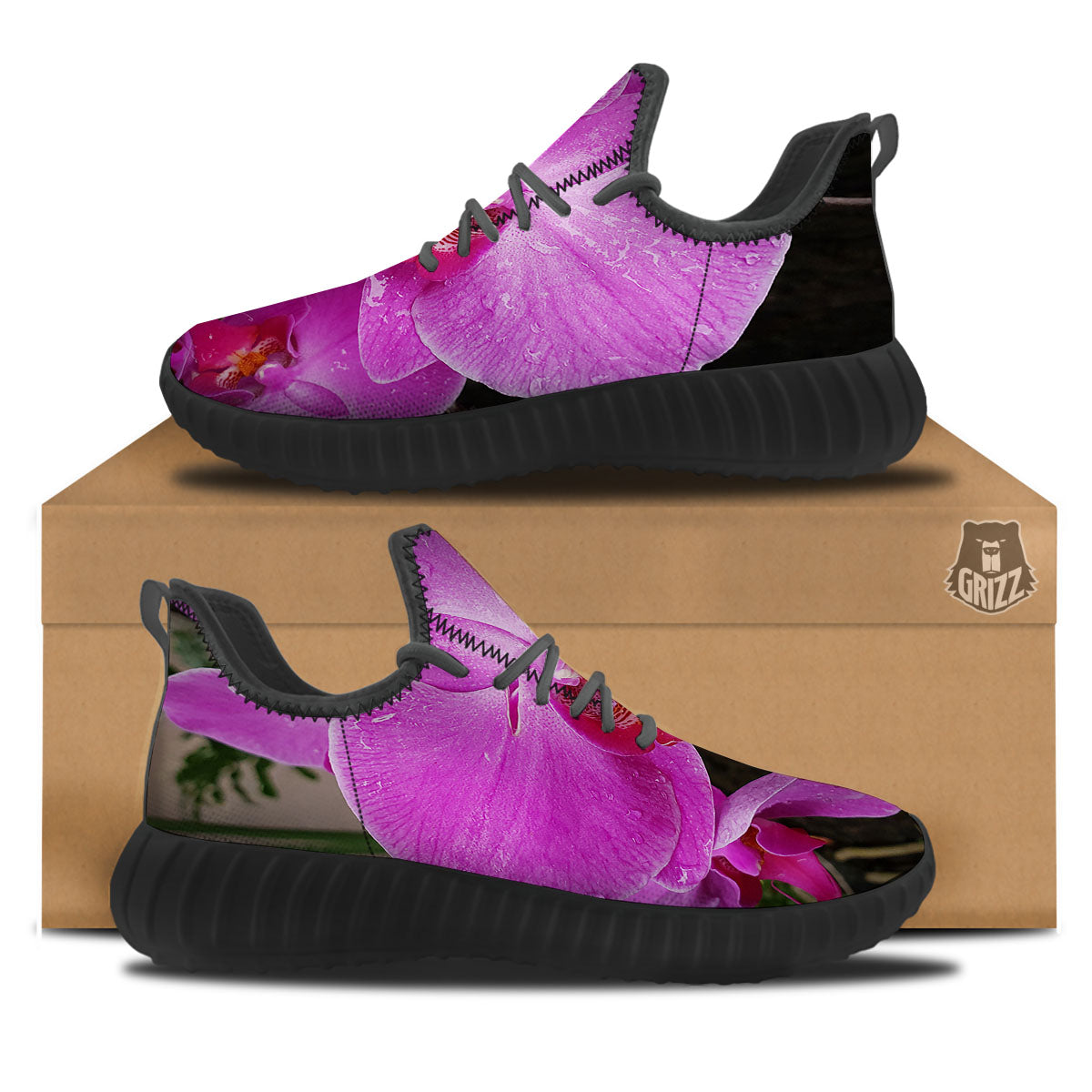Orchid Flower Magenta Print Black Walking Shoes-grizzshop