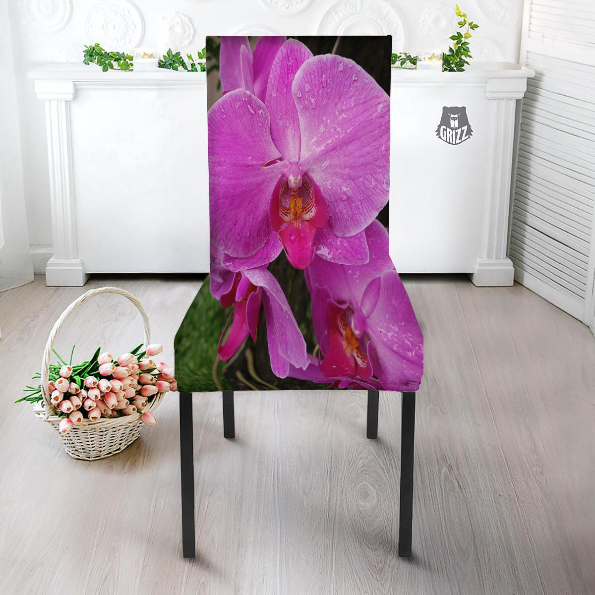 Orchid Flower Magenta Print Dining Chair Slipcover-grizzshop