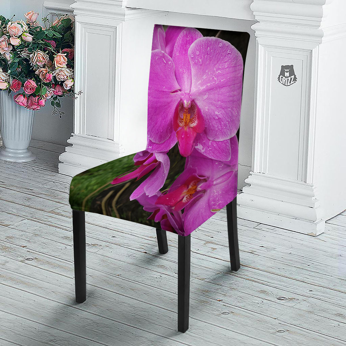 Orchid Flower Magenta Print Dining Chair Slipcover-grizzshop
