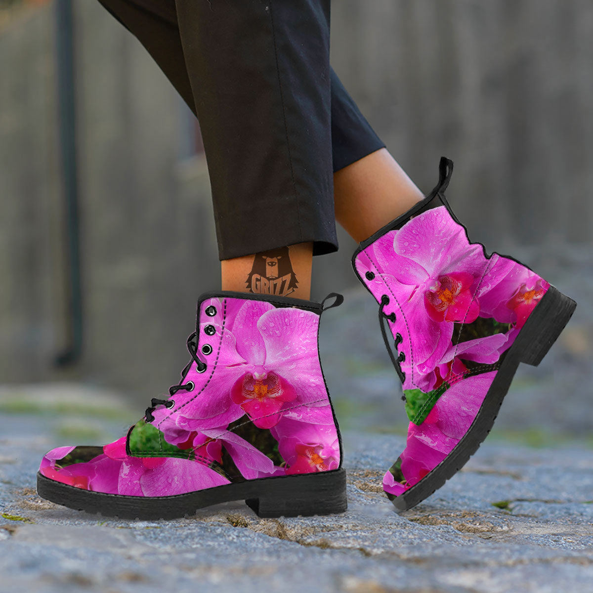Orchid Flower Magenta Print Leather Boots-grizzshop