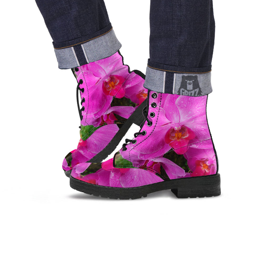 Orchid Flower Magenta Print Leather Boots-grizzshop