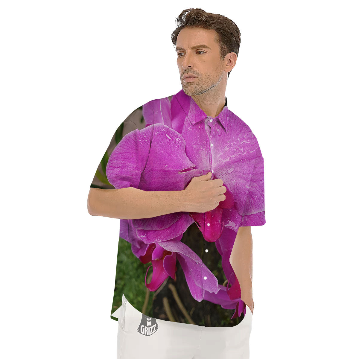 Orchid Flower Magenta Print Men's Short Sleeve Shirts-grizzshop