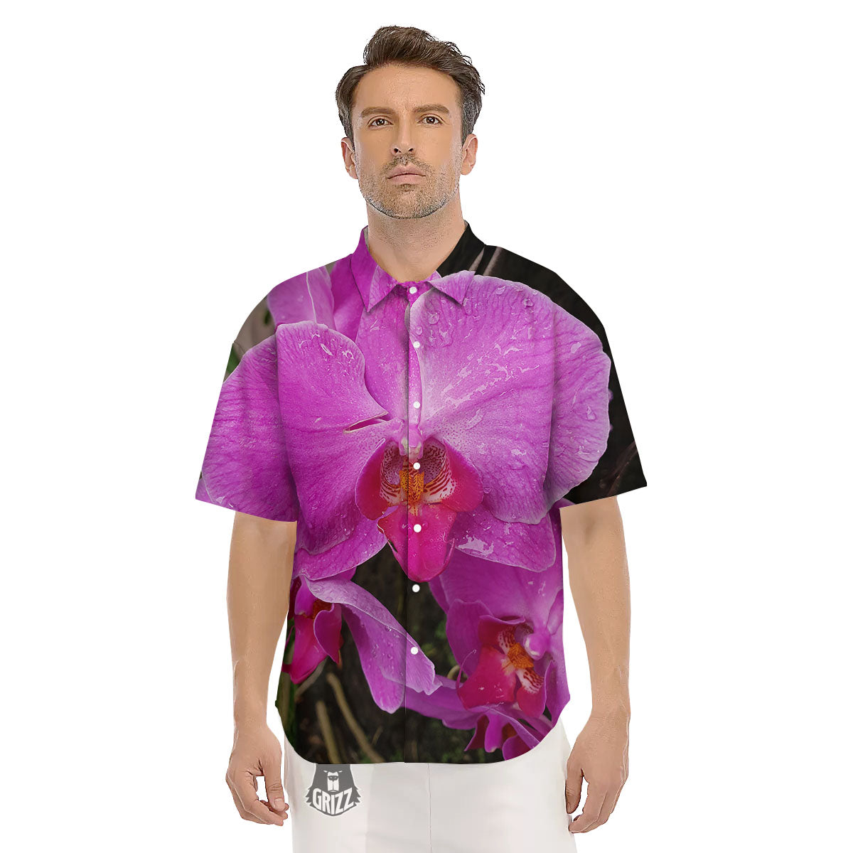 Orchid Flower Magenta Print Men's Short Sleeve Shirts-grizzshop