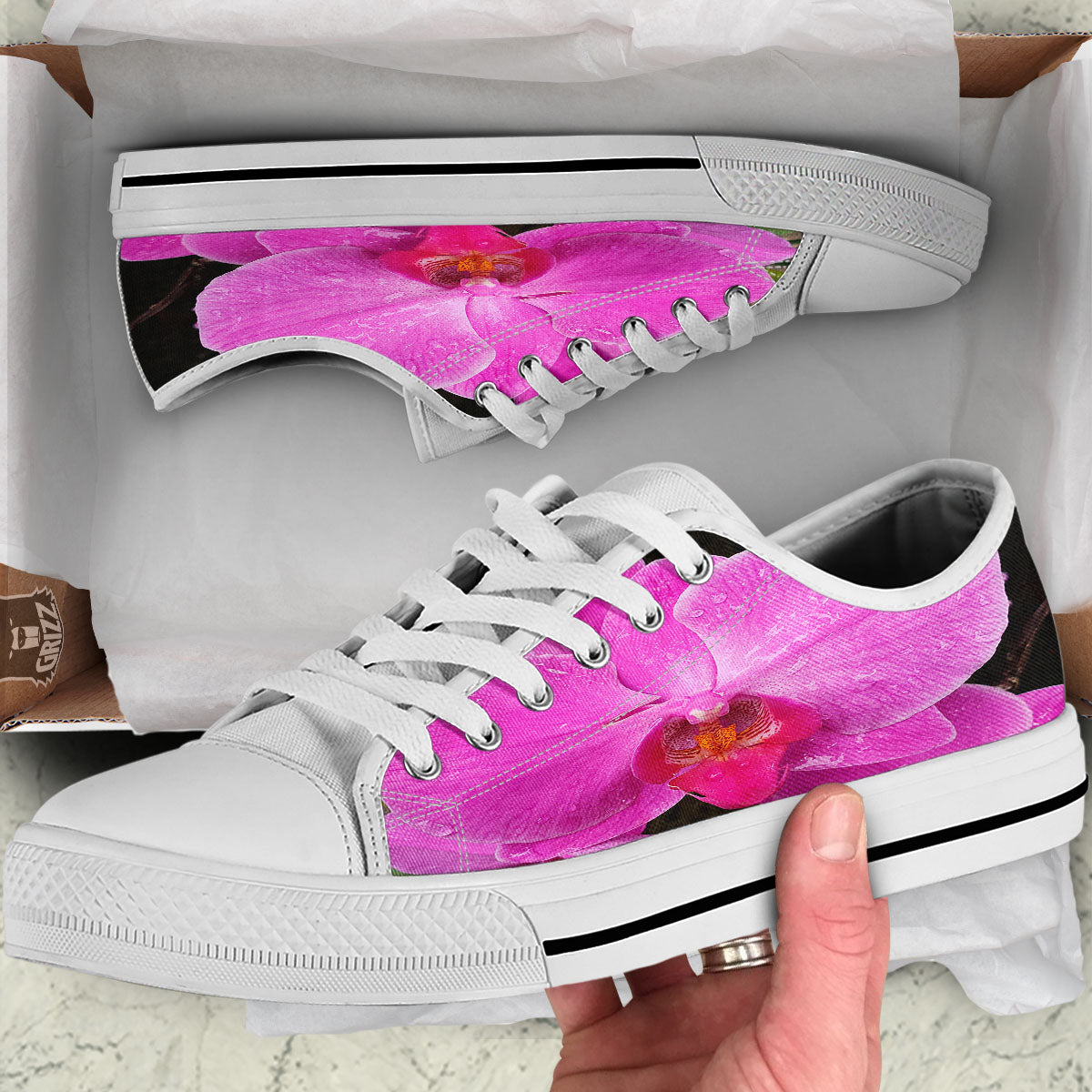 Orchid Flower Magenta Print White Low Top Shoes-grizzshop