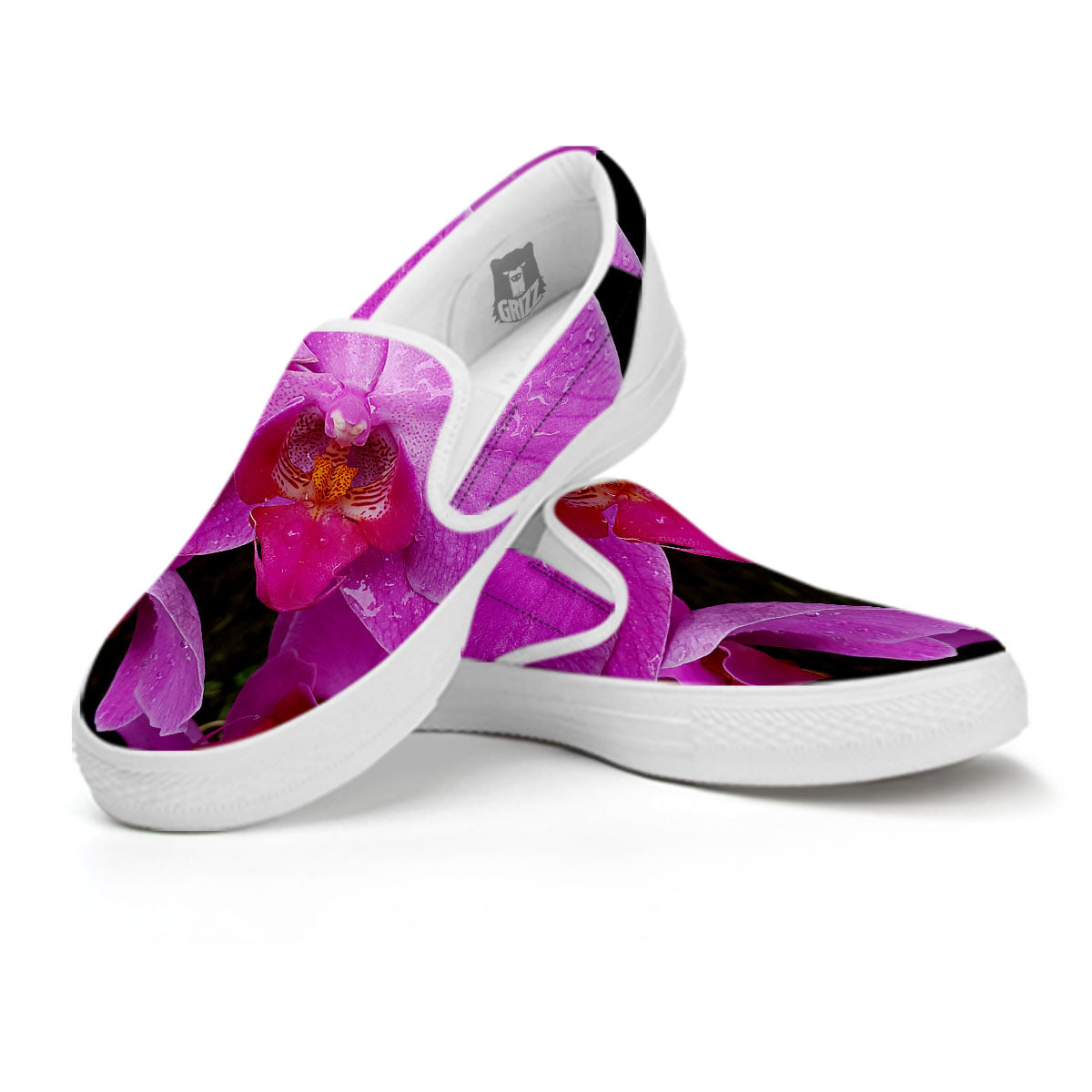 Orchid Flower Magenta Print White Slip On Shoes-grizzshop