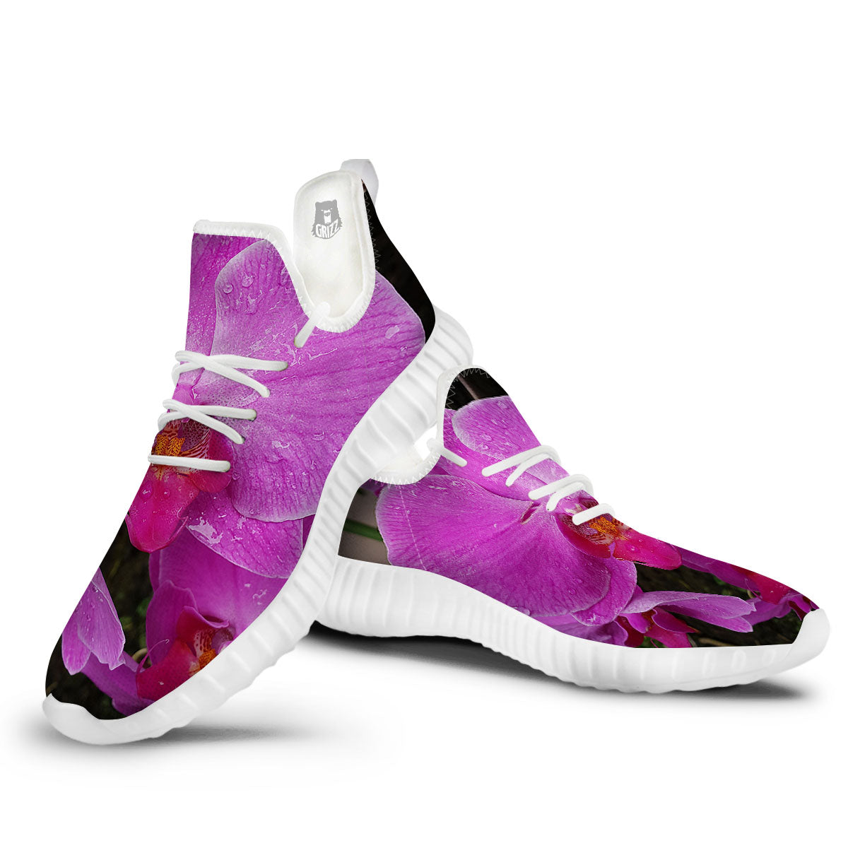 Orchid Flower Magenta Print White Walking Shoes-grizzshop