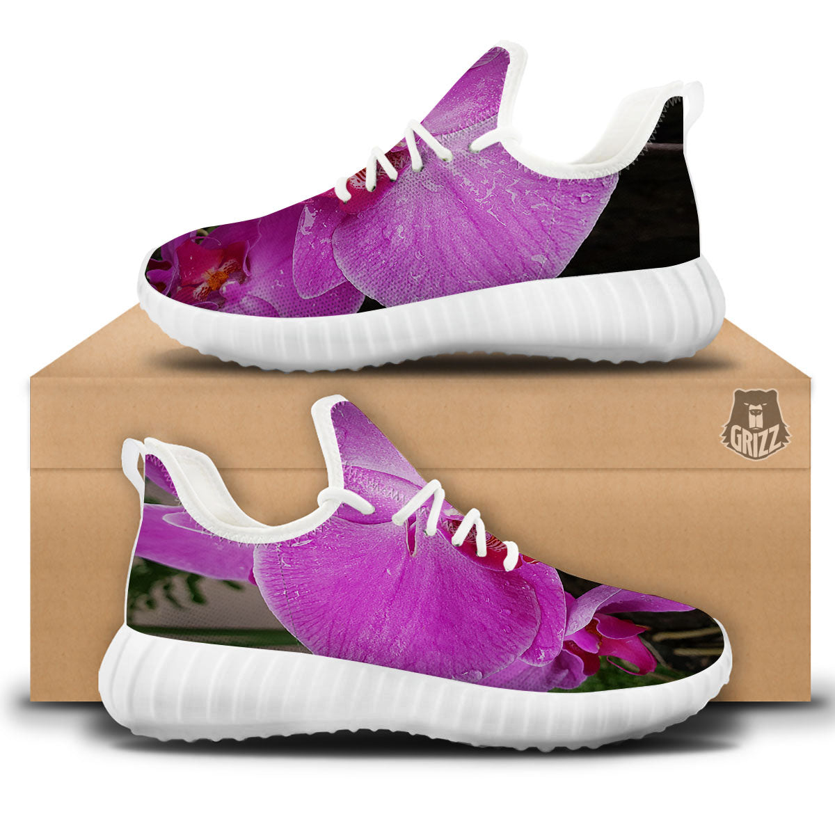 Orchid Flower Magenta Print White Walking Shoes-grizzshop