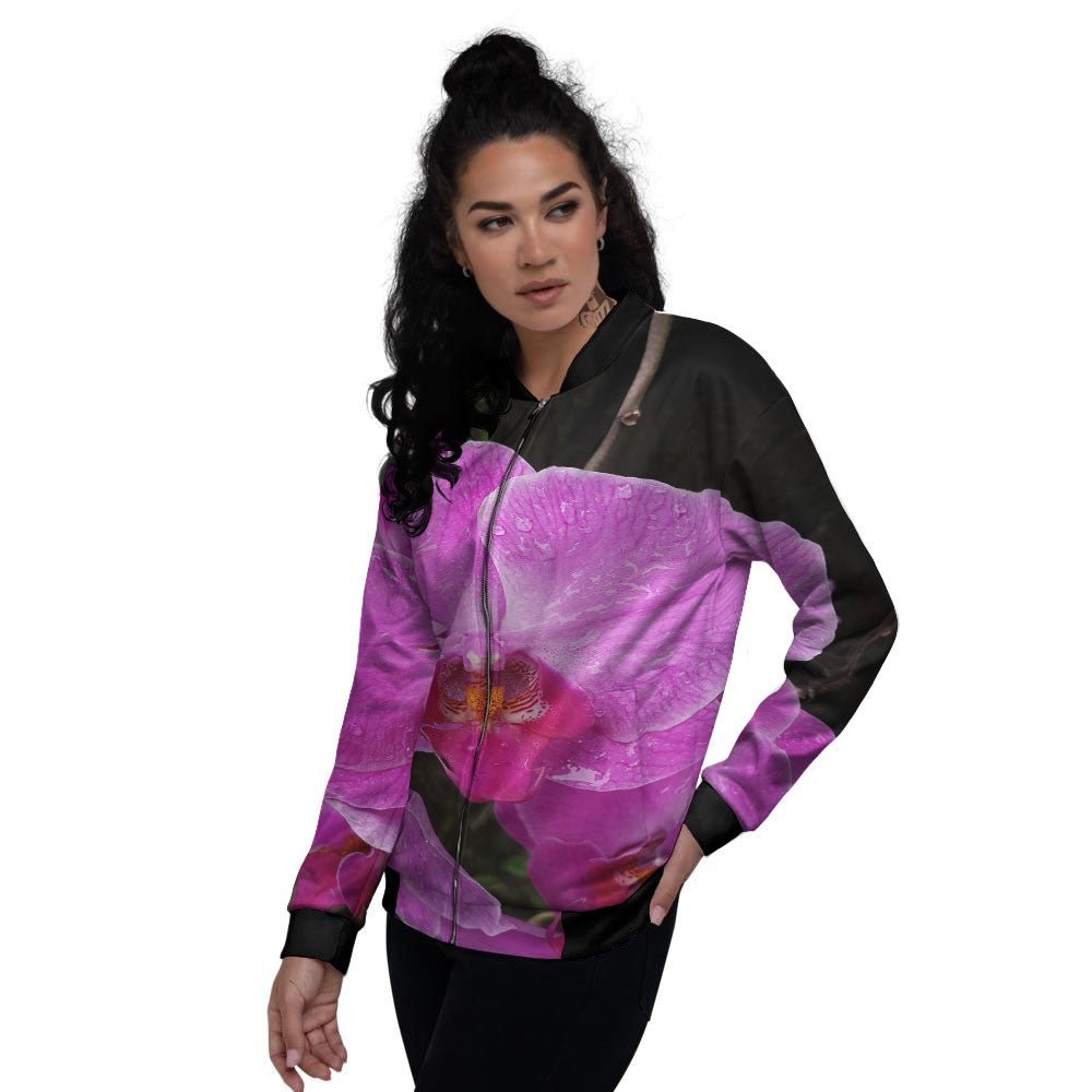 Orchid Flower Magenta Print Women's Bomber Jacket-grizzshop