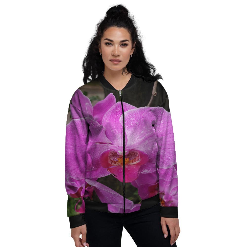 Orchid Flower Magenta Print Women's Bomber Jacket-grizzshop