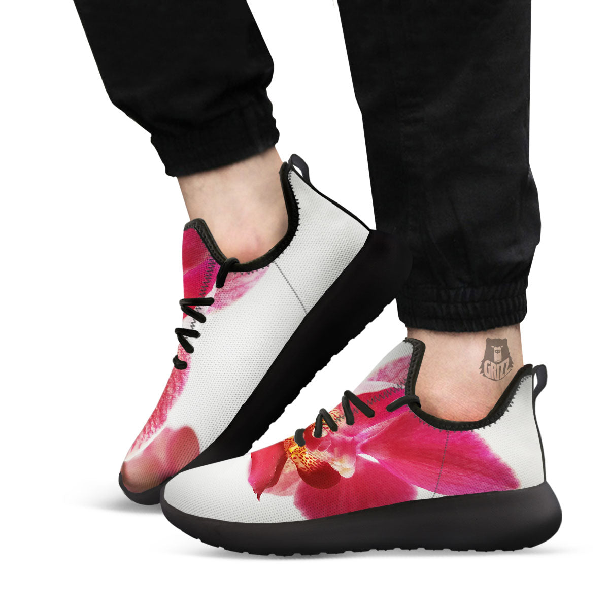 Orchid Flower Pink Print Black Athletic Shoes-grizzshop