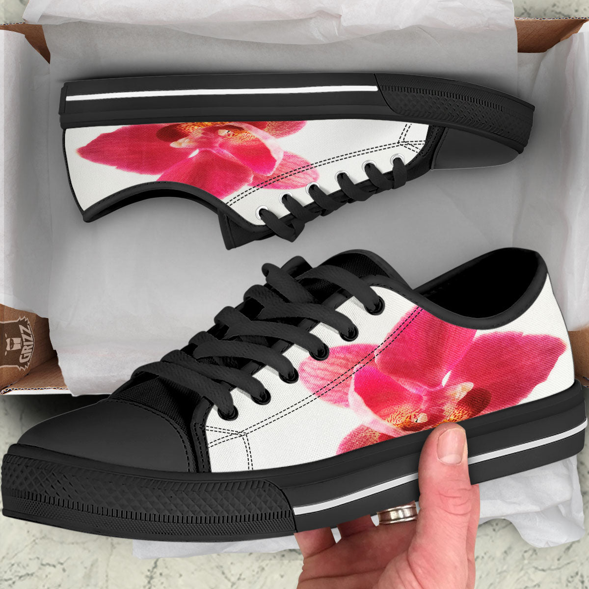 Orchid Flower Pink Print Black Low Top Shoes-grizzshop