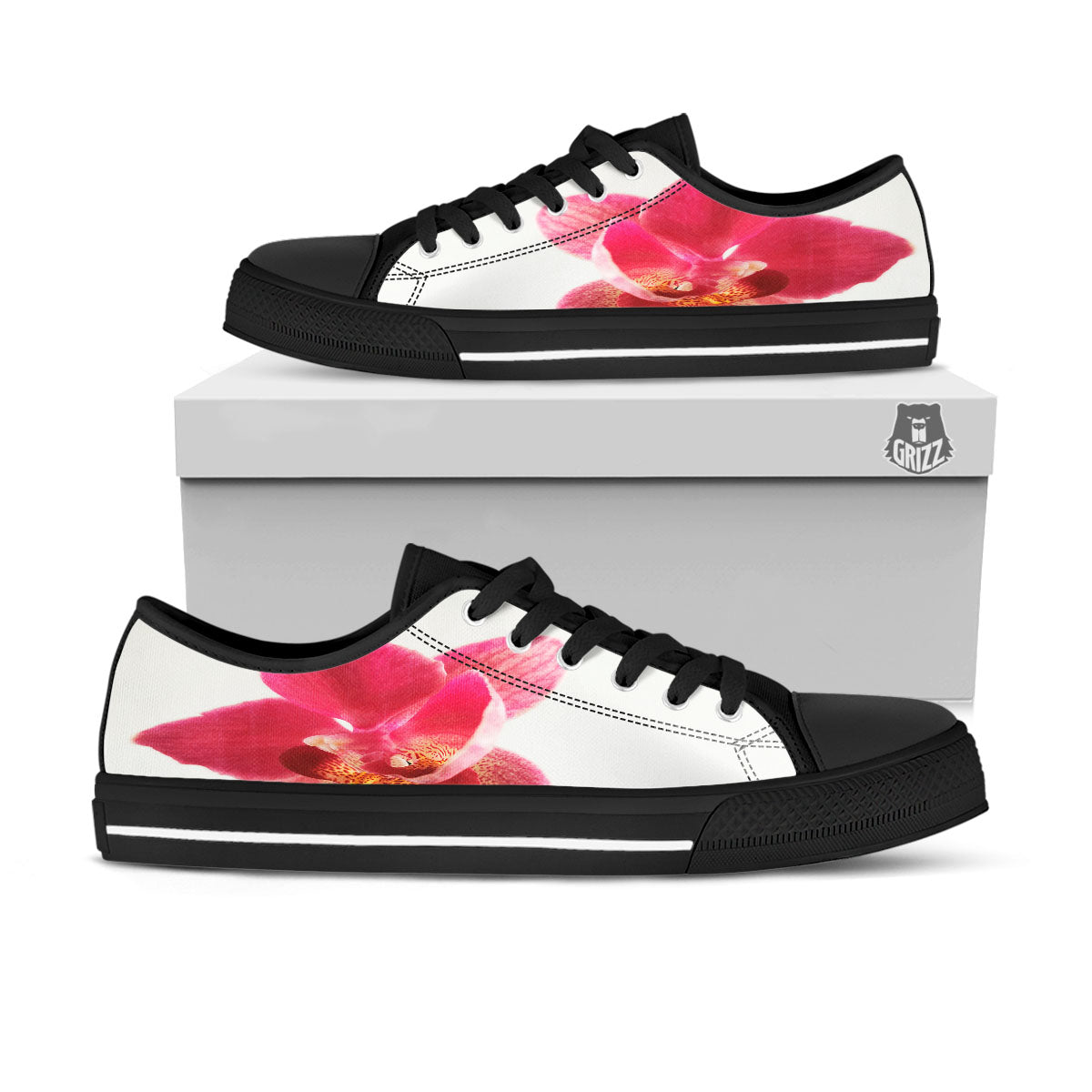 Orchid Flower Pink Print Black Low Top Shoes-grizzshop