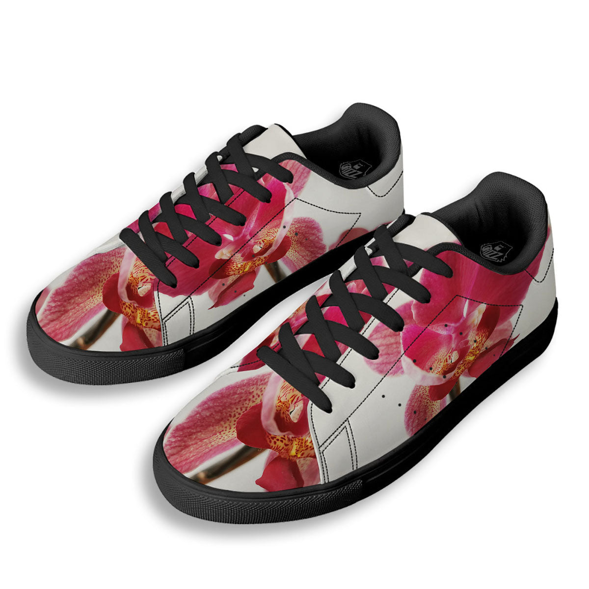 Orchid Flower Pink Print Black Low Top Sneakers-grizzshop