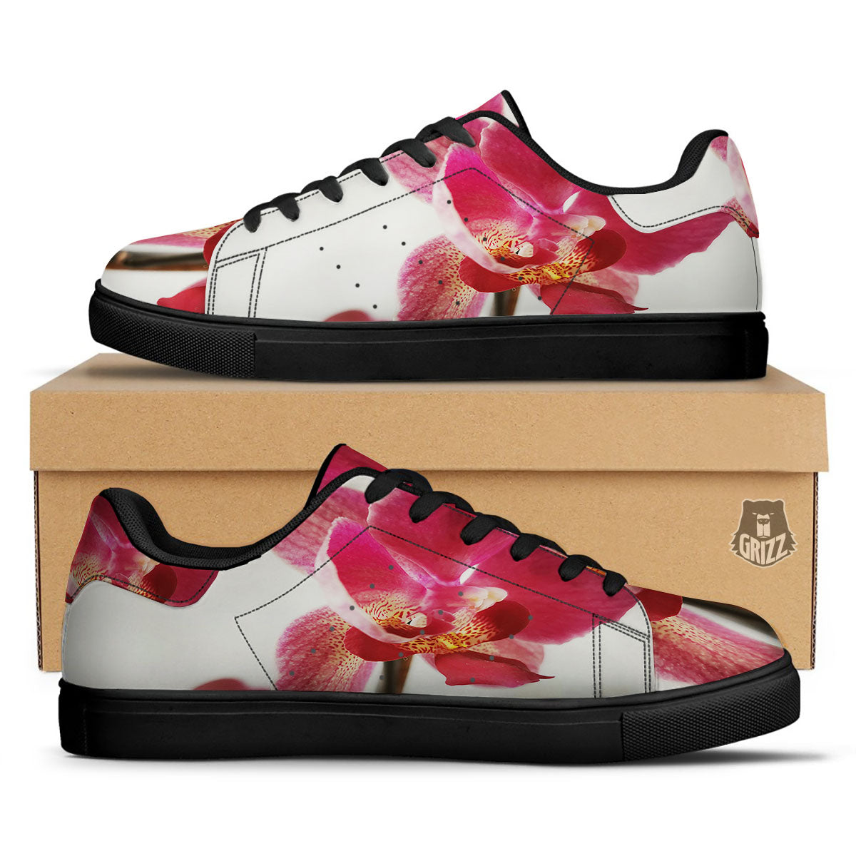 Orchid Flower Pink Print Black Low Top Sneakers-grizzshop