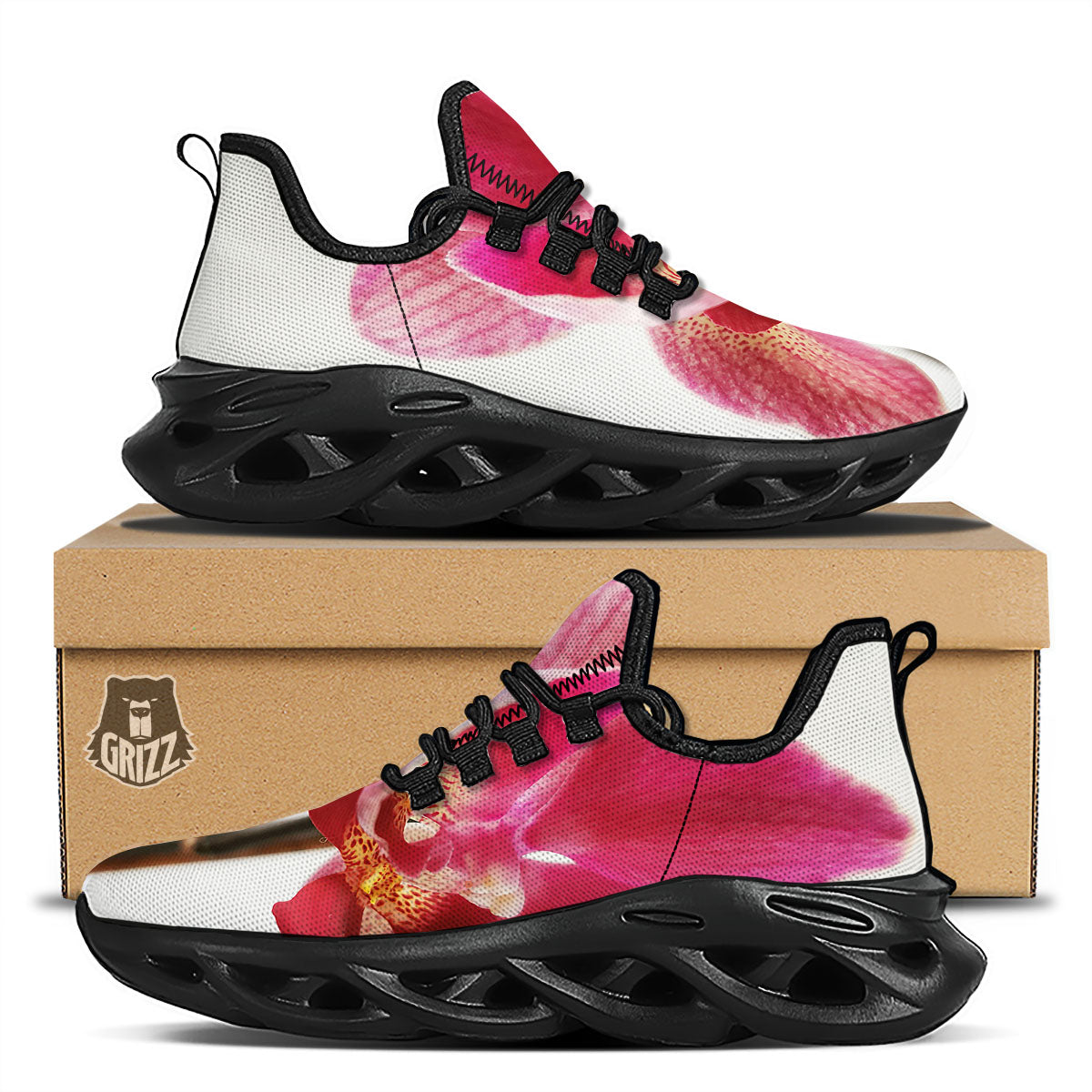 Orchid Flower Pink Print Black Running Shoes-grizzshop