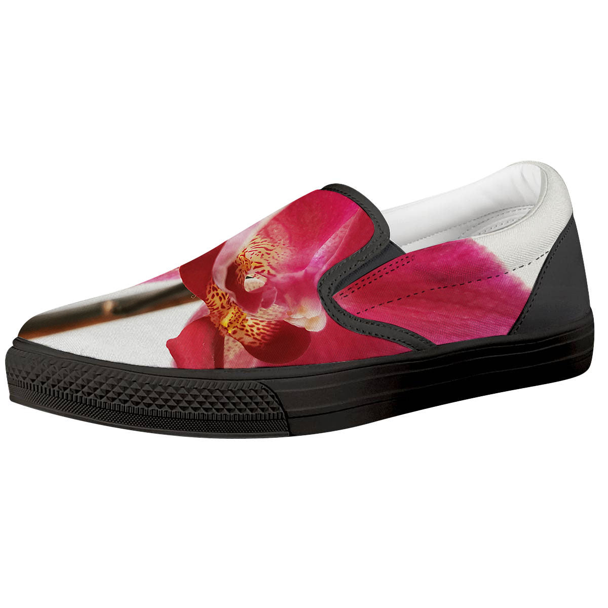 Orchid Flower Pink Print Black Slip On Shoes-grizzshop