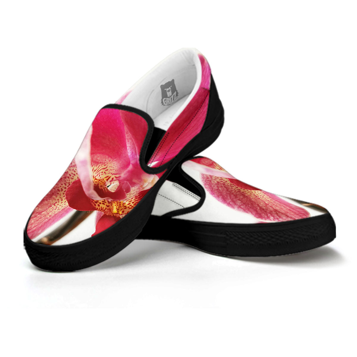 Orchid Flower Pink Print Black Slip On Shoes-grizzshop