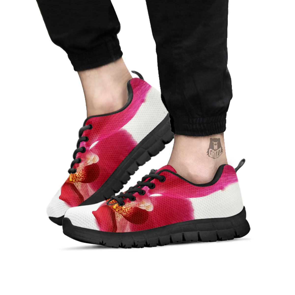 Orchid Flower Pink Print Black Sneaker-grizzshop