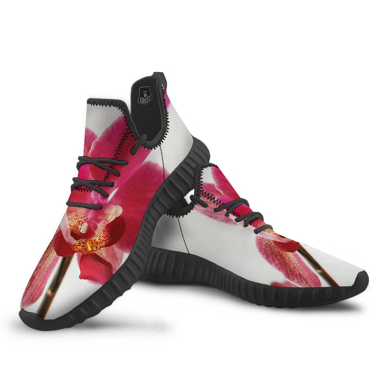 Orchid Flower Pink Print Black Walking Shoes-grizzshop