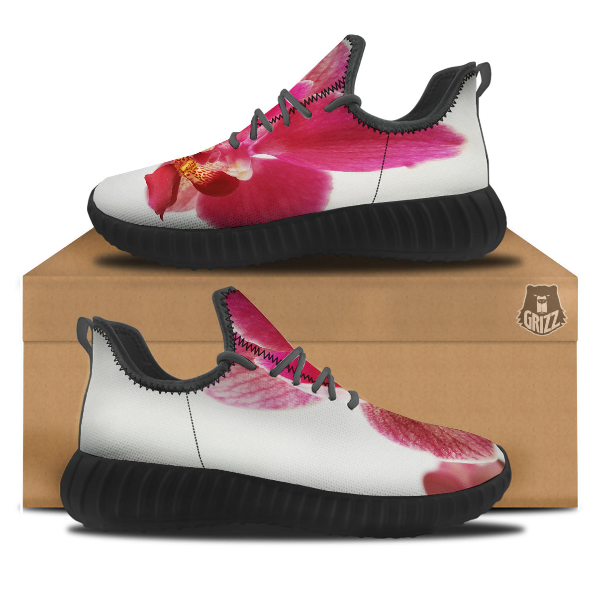 Orchid Flower Pink Print Black Walking Shoes-grizzshop