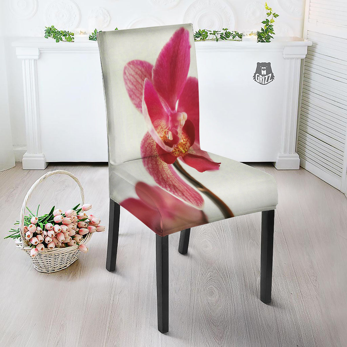 Orchid Flower Pink Print Dining Chair Slipcover-grizzshop