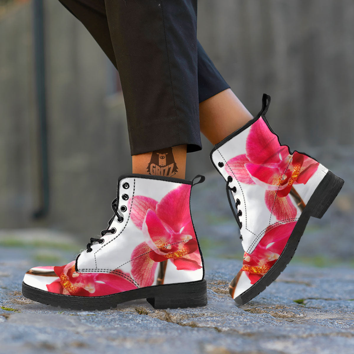 Orchid Flower Pink Print Leather Boots-grizzshop