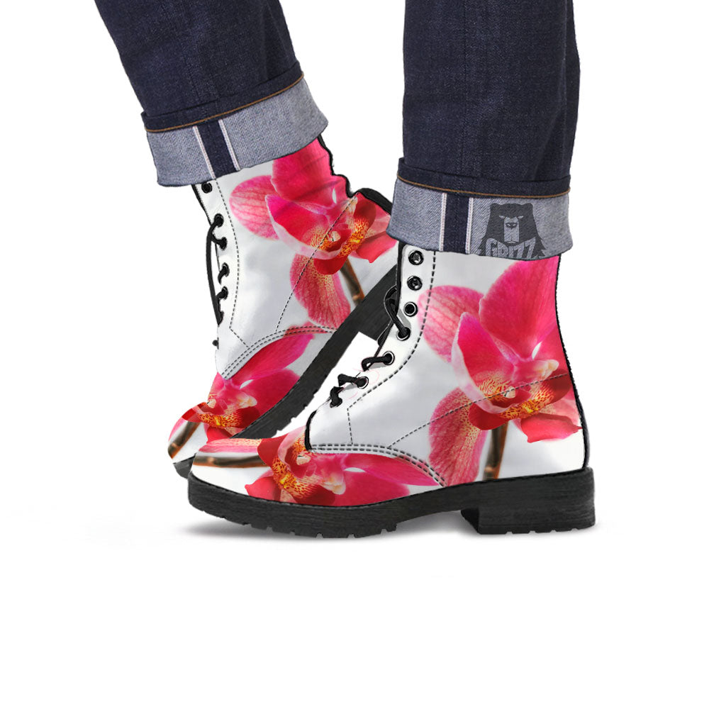 Orchid Flower Pink Print Leather Boots-grizzshop