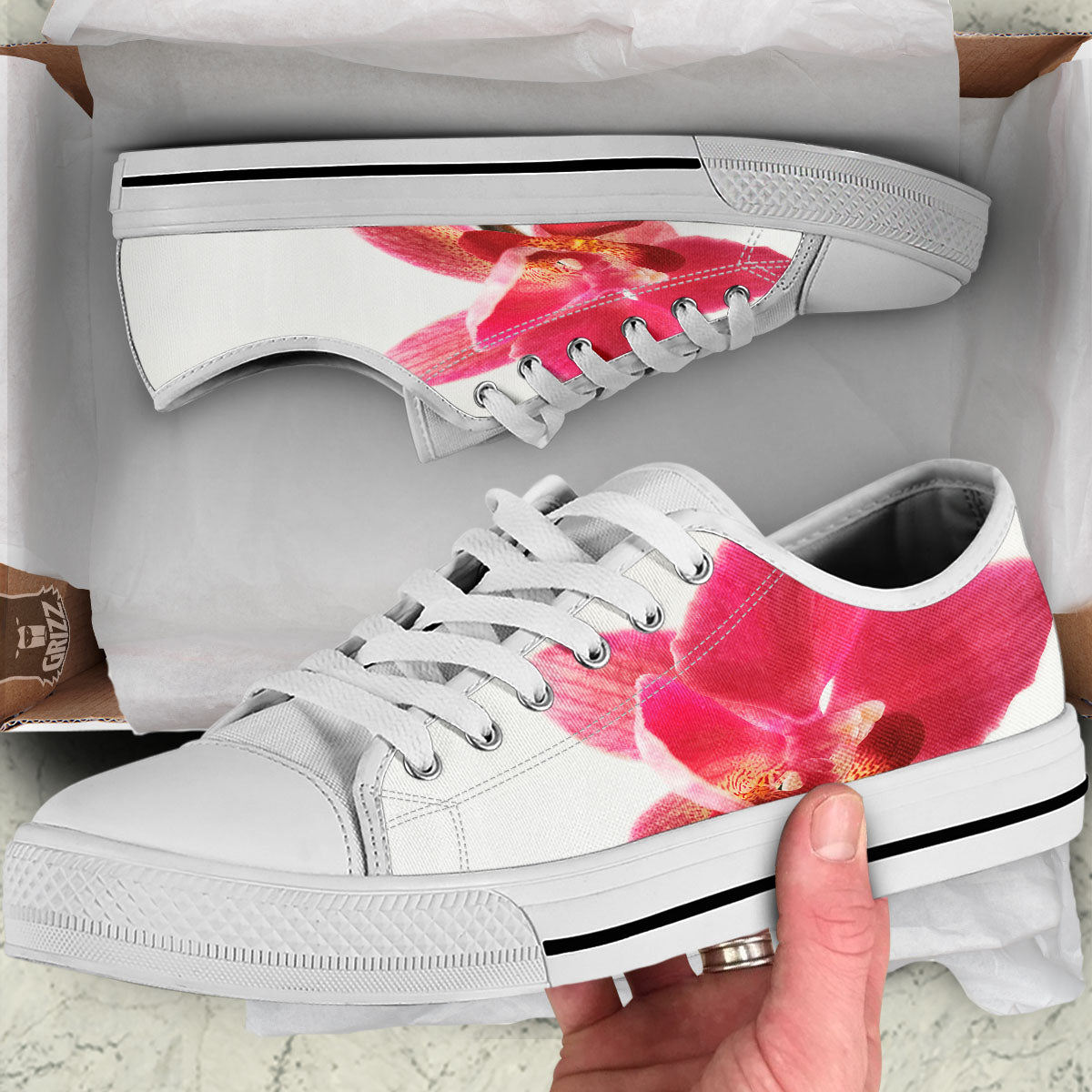 Orchid Flower Pink Print White Low Top Shoes-grizzshop