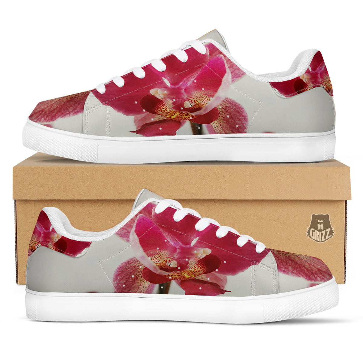 Orchid Flower Pink Print White Low Top Sneakers-grizzshop