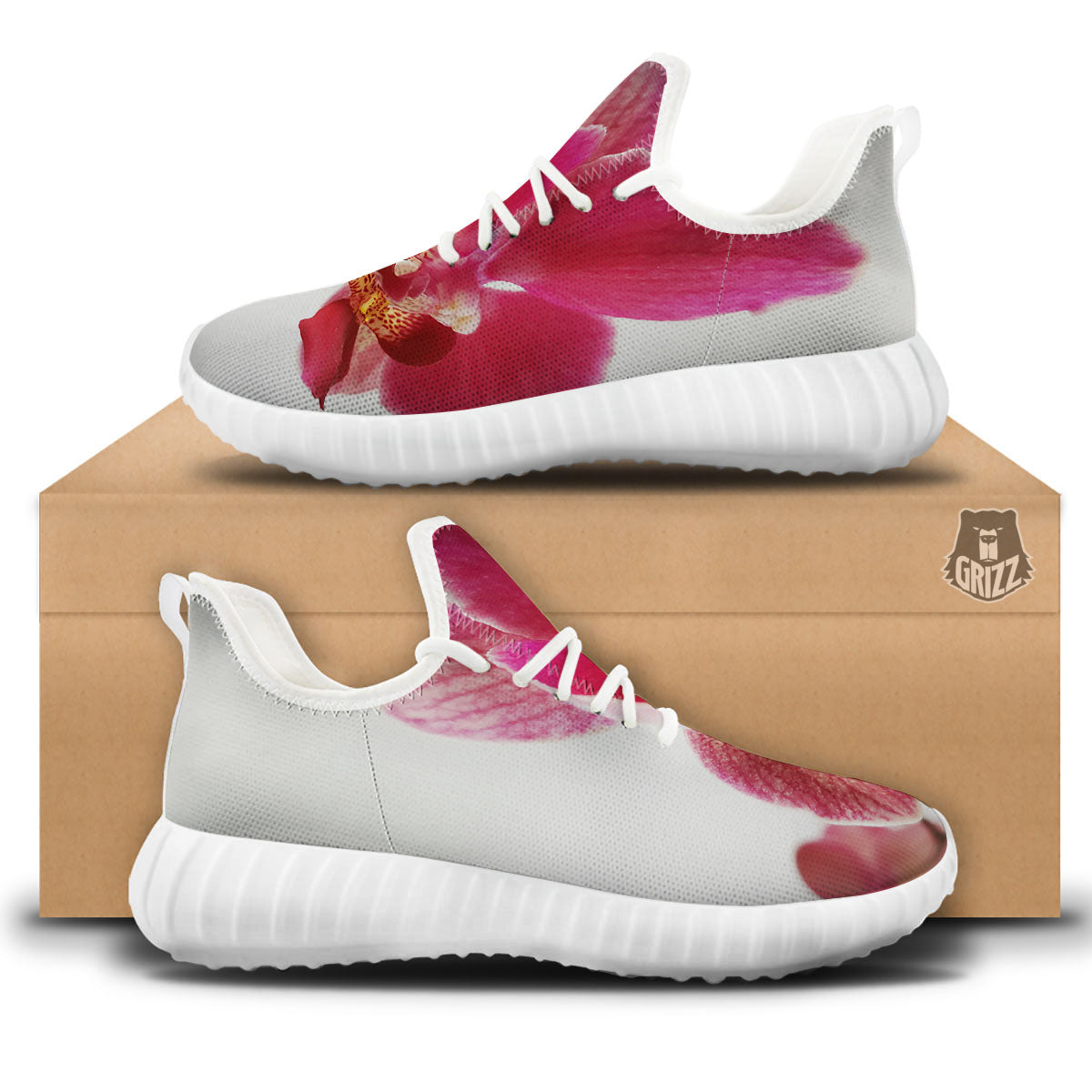 Orchid Flower Pink Print White Walking Shoes-grizzshop