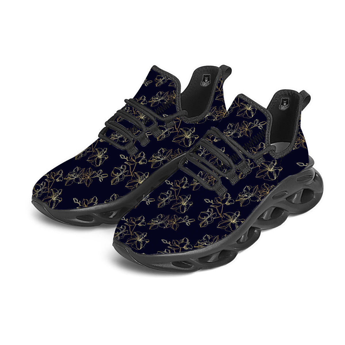Orchid Golden Print Pattern Black Running Shoes-grizzshop