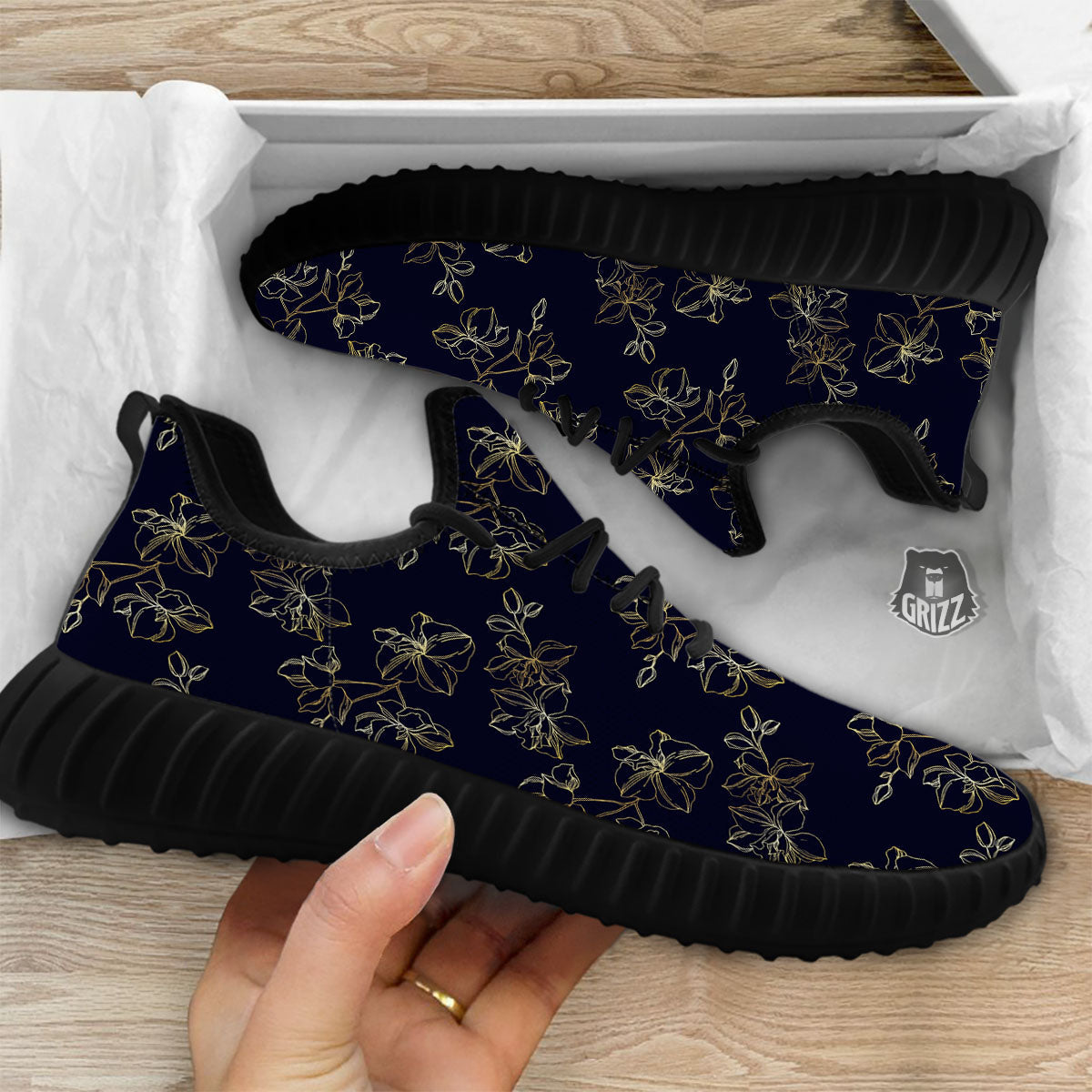 Orchid Golden Print Pattern Black Walking Shoes-grizzshop