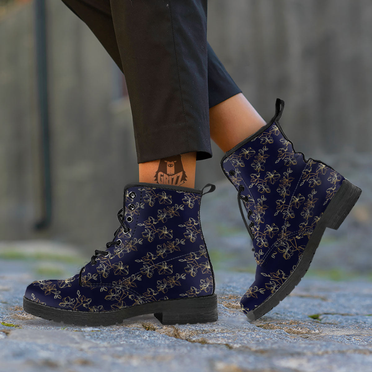 Orchid Golden Print Pattern Leather Boots-grizzshop