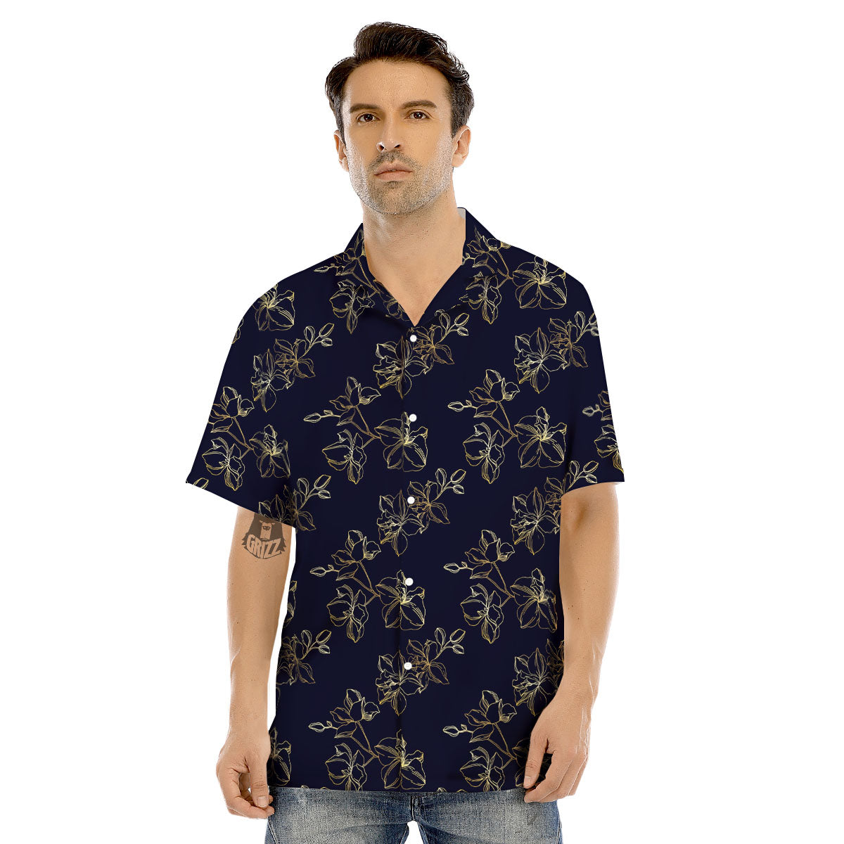 Orchid Golden Print Pattern Men's Hawaiian Shirt-grizzshop