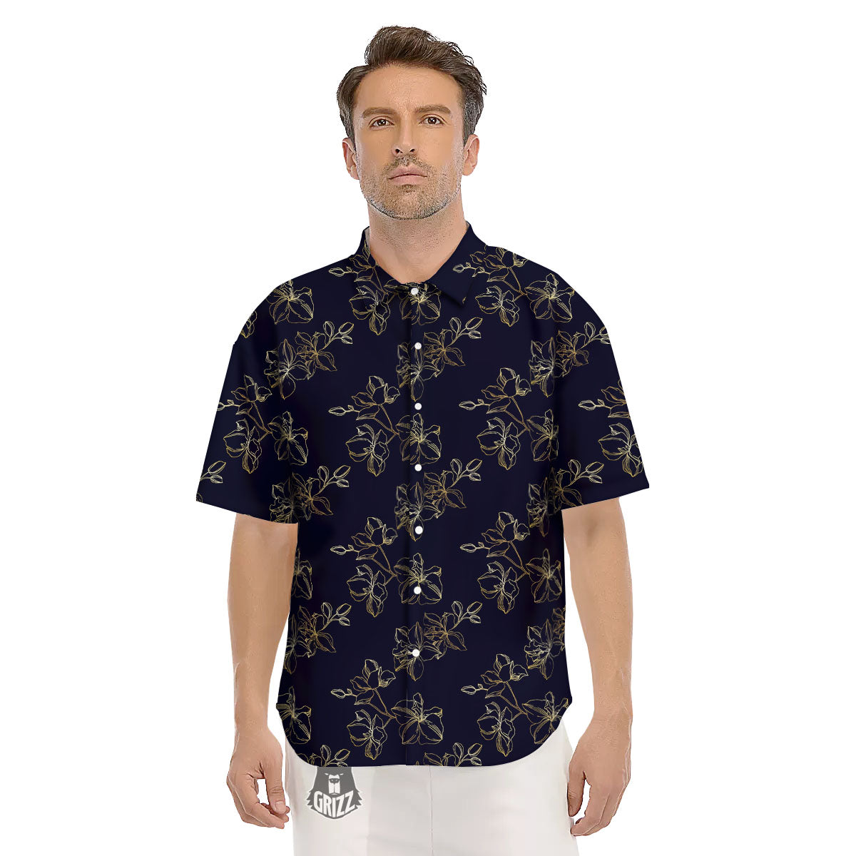 Orchid Golden Print Pattern Men's Short Sleeve Shirts-grizzshop