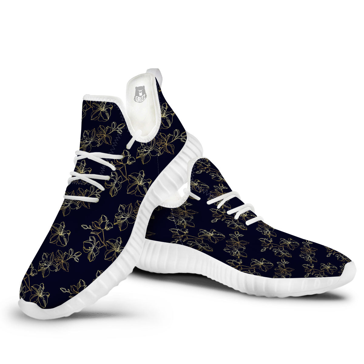 Orchid Golden Print Pattern White Walking Shoes-grizzshop