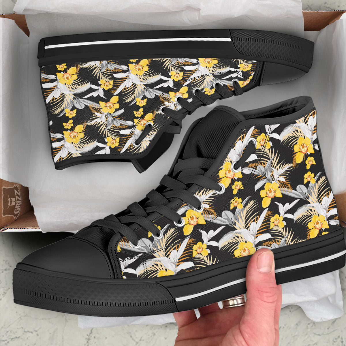 Orchid Yellow Print Pattern Black High Top Shoes-grizzshop
