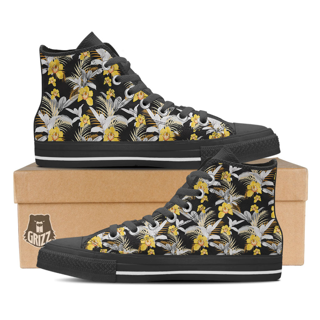 Orchid Yellow Print Pattern Black High Top Shoes-grizzshop